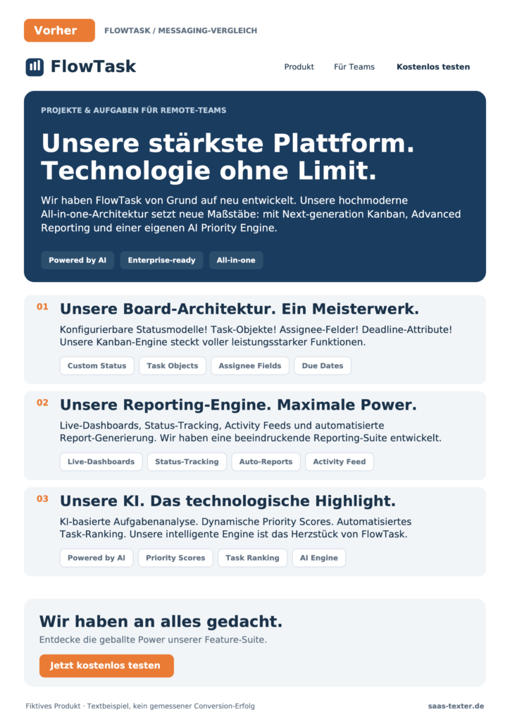 FlowTask Landingpage vorher mit featurelastiger Ansprache